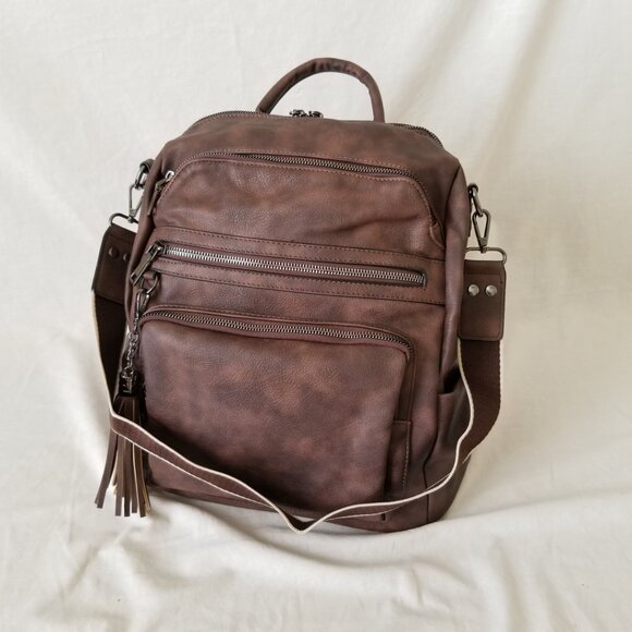 NWOT! Brown Faux Leather Backpack Tote Shoulder Bag with Tassel & Detach. Strap main image 4